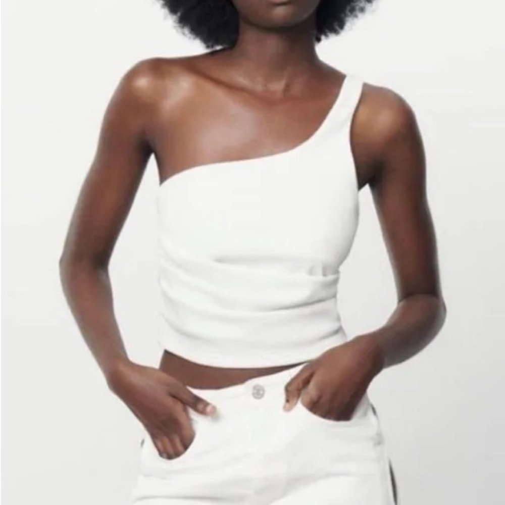 Zara White One Shoulder Ruched Tank S